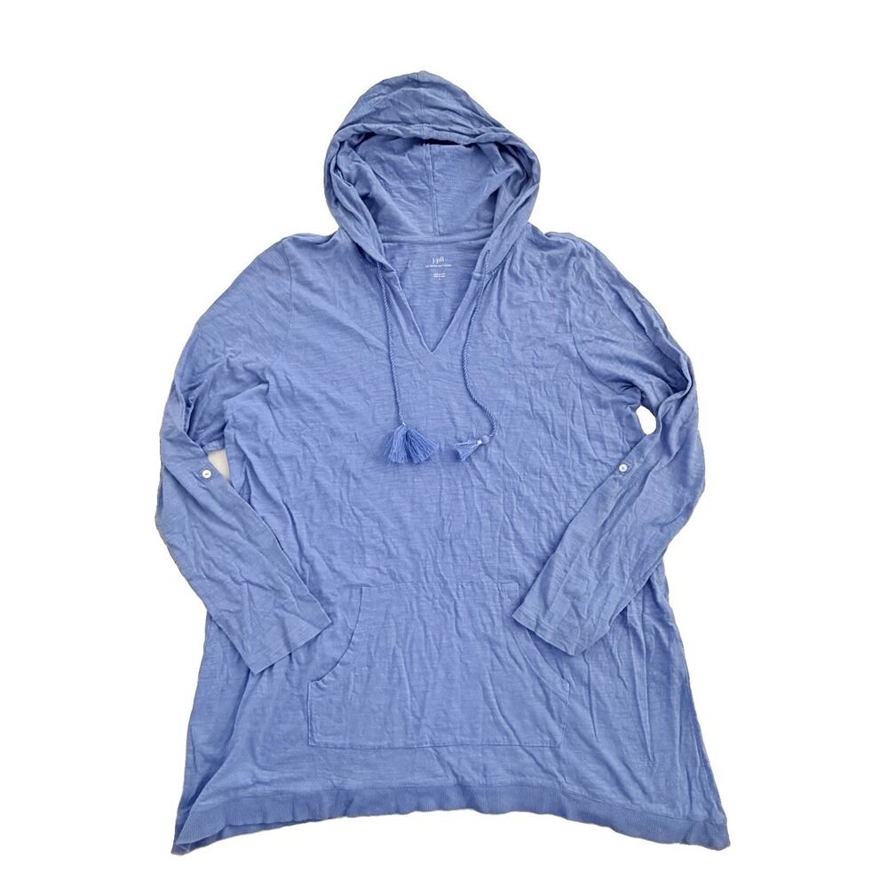 J.Jill Blue Tab Sleeve Pullover Knit 100% Cotton Fringe Tassel Hoodie Size L
